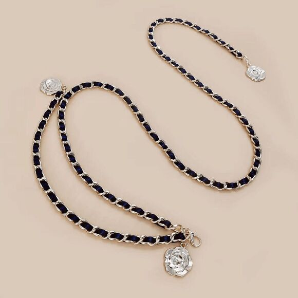 NEW Gold Black Rose Camellia Flower Charms Interwoven Chain Belt - Picture 13 of 14